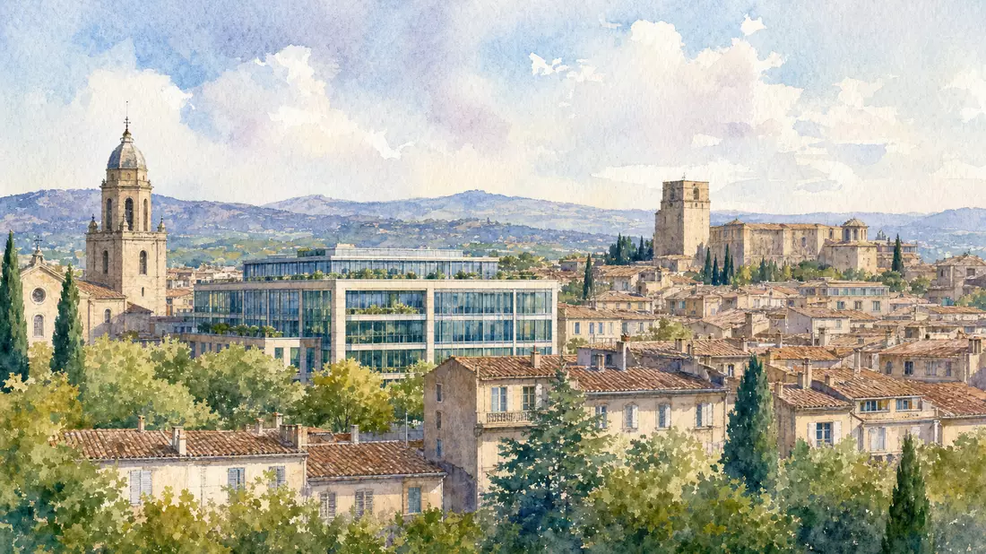 Aquarell einer französischen Stadt mit modernem Bürogebäude zwischen Altbauten