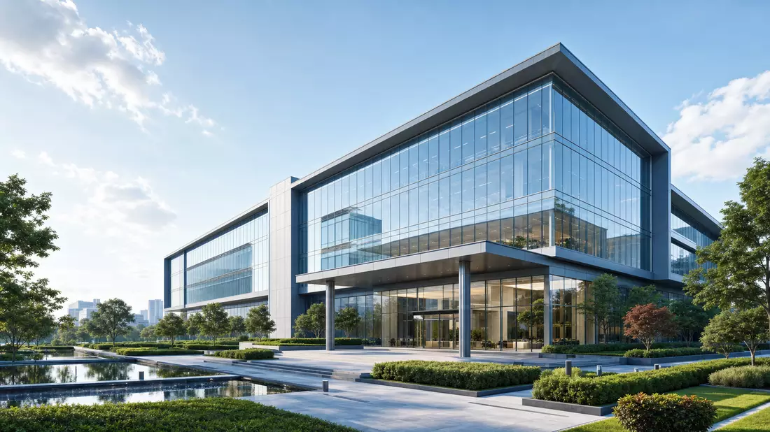 Render eines modernen Glas- und Stahl-Bürogebäudes mit Grünanlagen davor