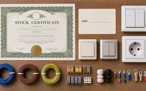 Legrand SA (FR0010307819) Aktie symbolisiert durch Flatlay mit Zertifikat, ISIN-Karte und Installationsmaterialien - Foto: THN