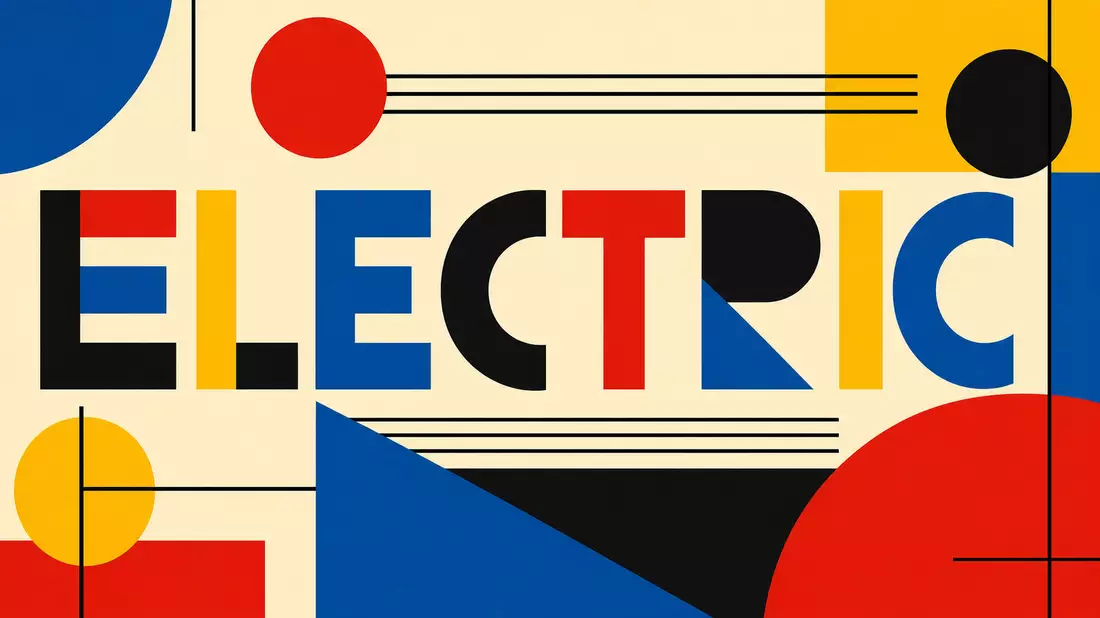 Bauhaus-Poster mit buntem Schriftzug ELECTRIC und geometrischen Formen