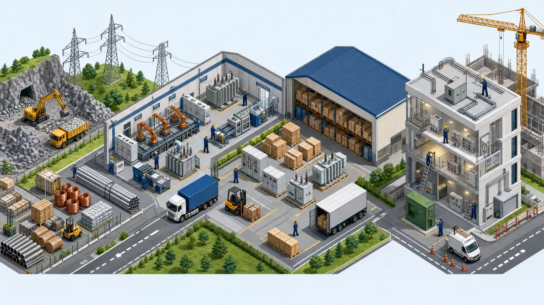 Isometrische Grafik einer Wertschöpfungskette von Fabrik bis zur Baustelle