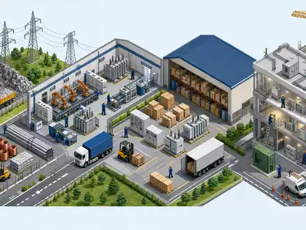 Legrand SA (FR0010307819) Wertschöpfungskette von Rohstoff über Produktion bis zur Gebäudeinstallation isometrisch dargestellt - Foto: THN
