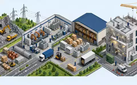 Legrand SA (FR0010307819) Wertschöpfungskette von Rohstoff über Produktion bis zur Gebäudeinstallation isometrisch dargestellt - Foto: THN