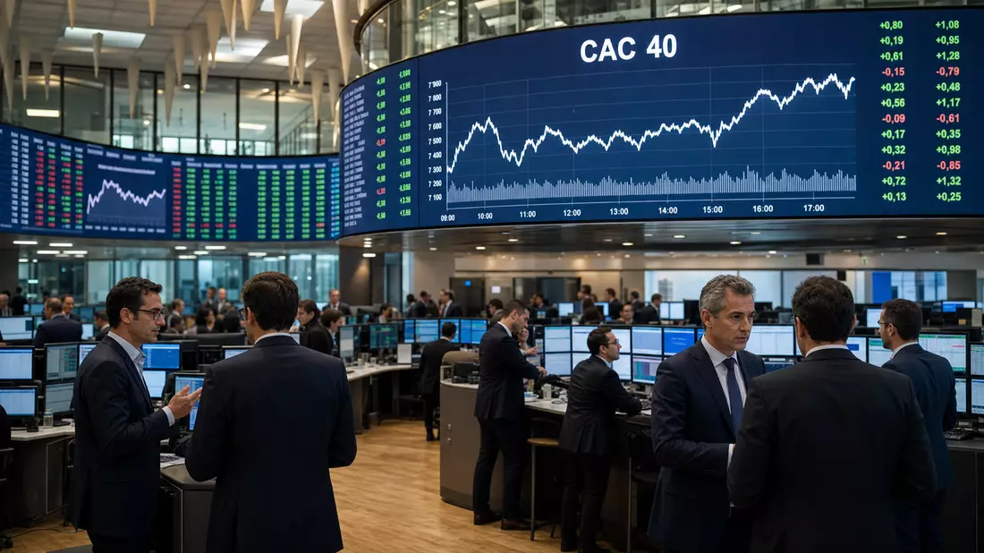 Trading-Floor mit Händlern und Bildschirmen mit CAC 40 Kursdiagramm