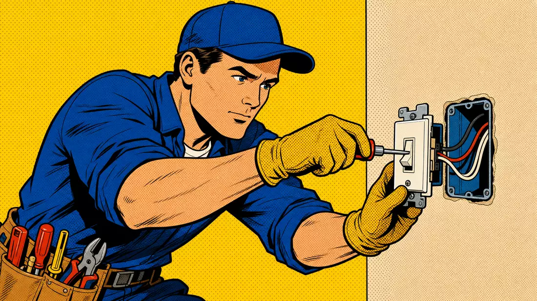 Pop-Art-Comic zeigt Elektriker beim Installieren eines Lichtschalters