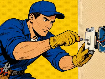 Legrand SA (FR0010307819) Elektroinstallationen inspirieren eine farbenfrohe Pop-Art-Comic-Szene mit einem tatkräftigen Elektriker - Foto: THN