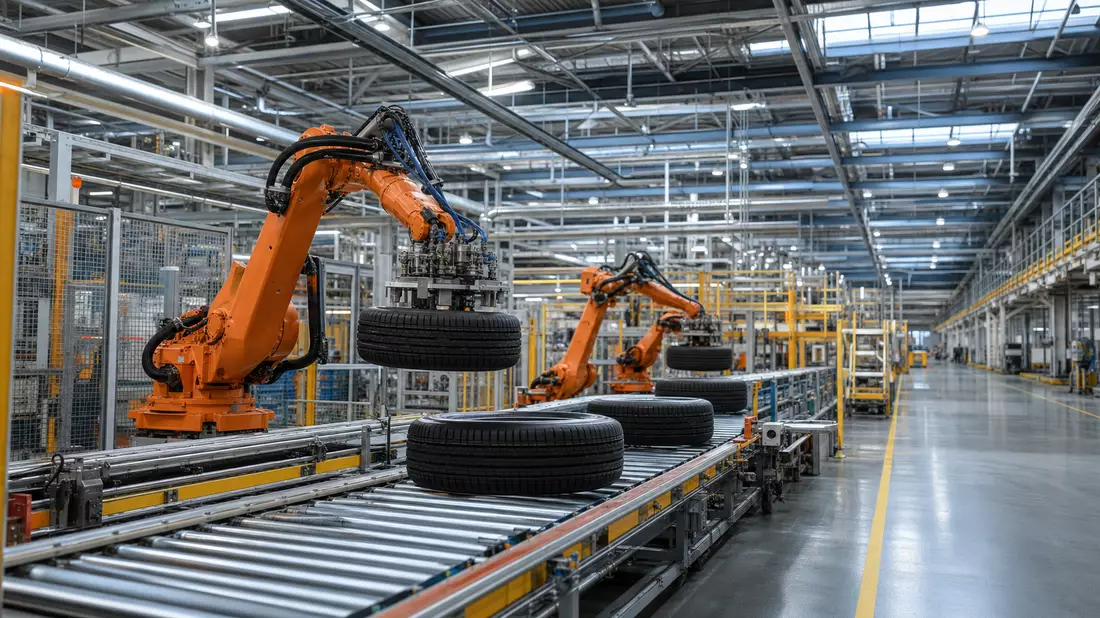 Fotorealistische Reifenfabrik mit Roboterarmen und Förderband in moderner Industriehalle