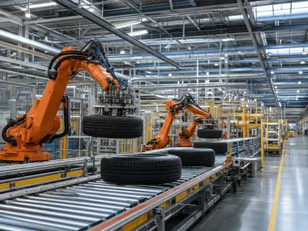 Compagnie Générale des Établissements Michelin FR001400AJ45 zeigt moderne Reifenfertigung mit Robotern in französischer Industriehalle heute - Foto: THN