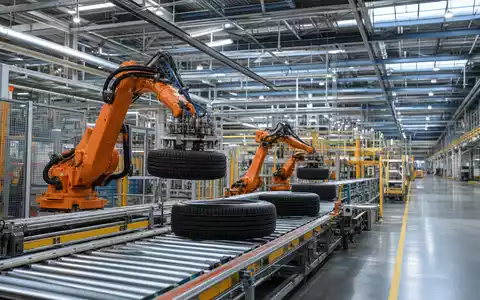 Compagnie Générale des Établissements Michelin FR001400AJ45 zeigt moderne Reifenfertigung mit Robotern in französischer Industriehalle heute - Foto: THN