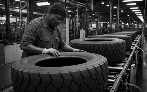 Compagnie Générale des Établissements Michelin FR001400AJ45 dokumentiert Arbeiter bei Reifenkontrolle in Schwarzweiß-Reportage-Fotografie aus Fabrikhalle - Foto: THN