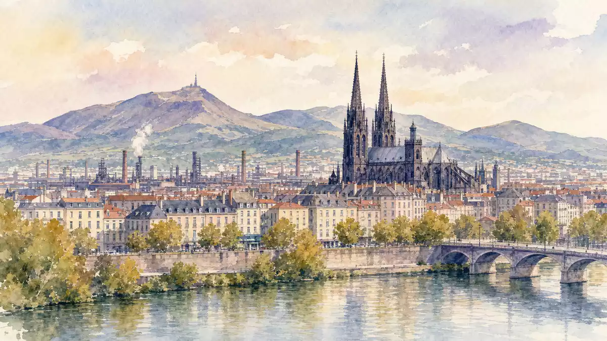 Aquarellmalerei einer französischen Stadtsilhouette mit Kathedrale, Fluss und Hügeln