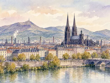 Compagnie Générale des Établissements Michelin FR001400AJ45 inspiriert Aquarellansicht einer französischen Industriestadt mit Kathedrale und Fluss - Foto: THN