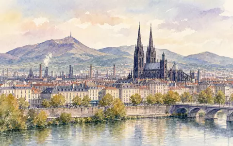 Compagnie Générale des Établissements Michelin FR001400AJ45 inspiriert Aquarellansicht einer französischen Industriestadt mit Kathedrale und Fluss - Foto: THN