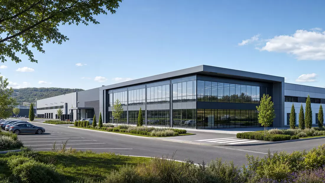 Architektur-Render einer modernen Industrieanlage mit Glasfassade und begrüntem Vorplatz