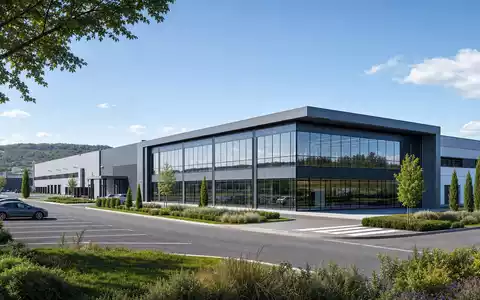 Compagnie Générale des Établissements Michelin FR001400AJ45 präsentiert modernen Architektur-Render einer Werksanlage mit Glasfassade in Frankreich - Foto: THN