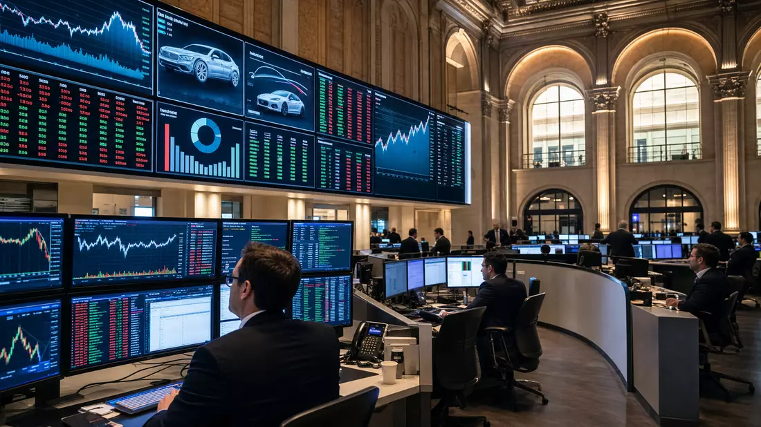 Editorial-Foto eines Börsenhandelsraums in Paris mit Charts und Automobil-Symbolen