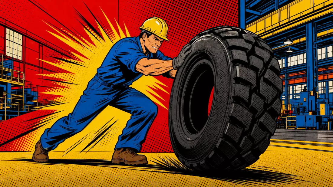 Pop-Art-Comic zeigt Arbeiter mit Helm beim Rollen eines riesigen schwarzen Reifens