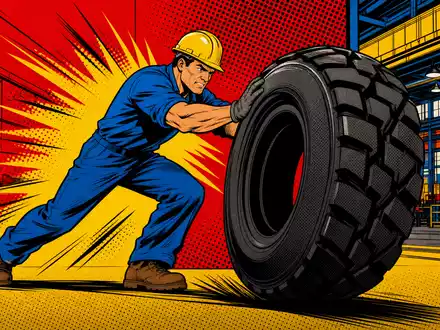 Compagnie Générale des Établissements Michelin FR001400AJ45 inszeniert farbenfrohe Pop-Art-Comic-Szene mit Arbeiter und riesigem schwarzen Reifen - Foto: THN