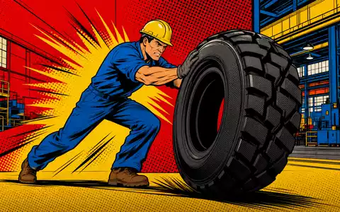 Compagnie Générale des Établissements Michelin FR001400AJ45 inszeniert farbenfrohe Pop-Art-Comic-Szene mit Arbeiter und riesigem schwarzen Reifen - Foto: THN