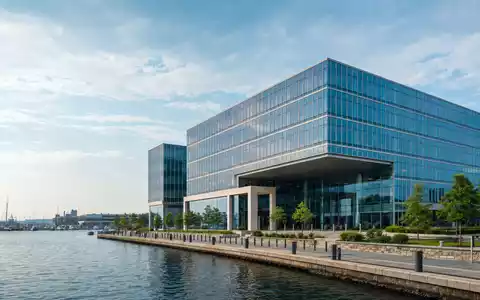 Hiscox Ltd BMG4593F1389 zeigt fotorealistisch ein modernes Bürogebäude eines internationalen Spezialversicherers am Meer - Foto: THN