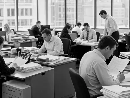 Hiscox Ltd BMG4593F1389 in dokumentarischer Schwarzweiß-Reportage eines Versicherungsbüros mit arbeitenden Underwritern gezeigt - Foto: THN