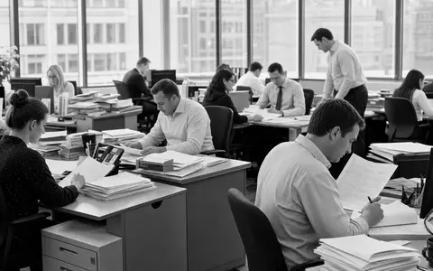 Hiscox Ltd BMG4593F1389 in dokumentarischer Schwarzweiß-Reportage eines Versicherungsbüros mit arbeitenden Underwritern gezeigt - Foto: THN