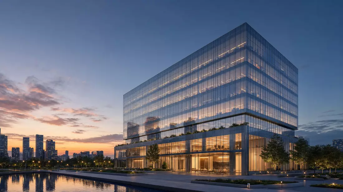 Architektur-Render eines gläsernen Hochhauses in der Dämmerung