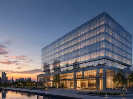 Hiscox Ltd BMG4593F1389 illustriert als futuristisches Architektur-Render eines gläsernen Versicherungs-Hochhauses bei Dämmerung - Foto: THN