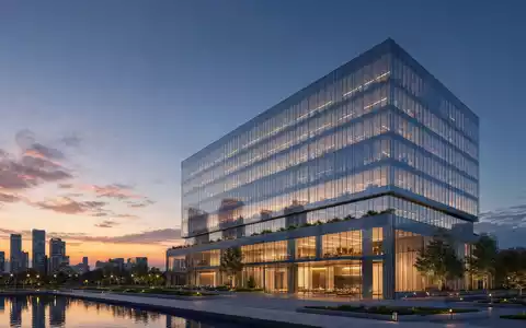 Hiscox Ltd BMG4593F1389 illustriert als futuristisches Architektur-Render eines gläsernen Versicherungs-Hochhauses bei Dämmerung - Foto: THN