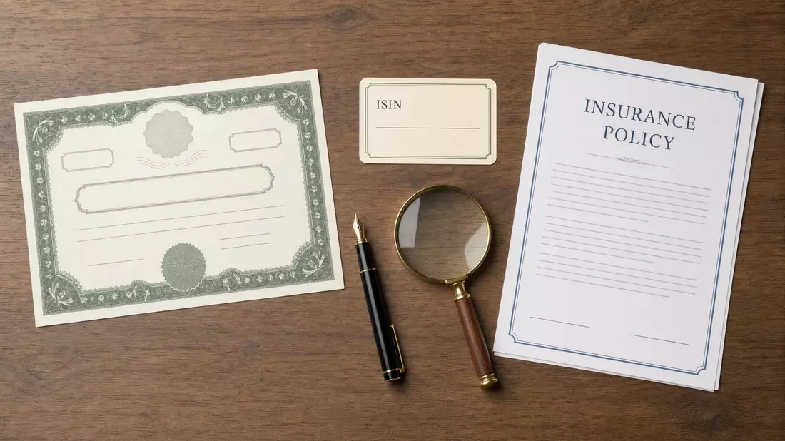 Flatlay mit Aktienzertifikat, ISIN-Karte und Versicherungsdokumenten