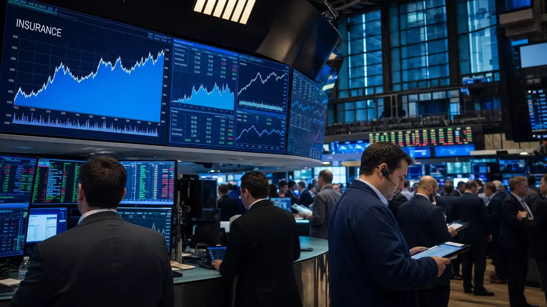 Editorialfoto eines Trading-Floors mit Finanzcharts im Hintergrund