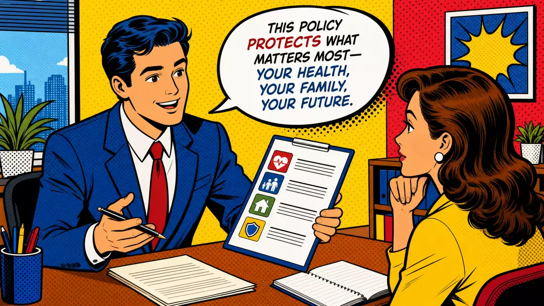 Farbenfrohe Pop-Art-Comic-Szene eines Versicherungsberaters mit Kunden