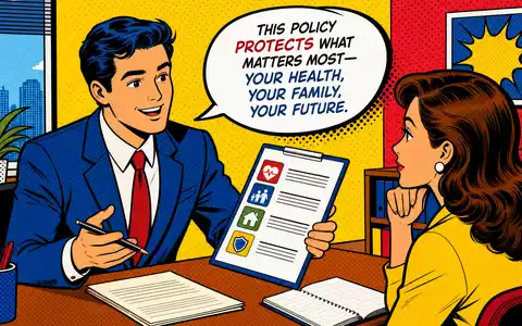 Hiscox Ltd BMG4593F1389 dargestellt als farbenfrohe Pop-Art-Comic-Szene eines freundlichen Versicherungsberaters im Kundengespräch - Foto: THN