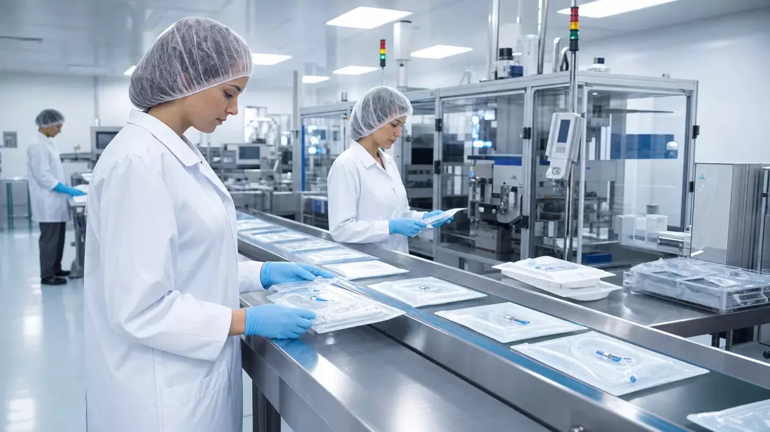 Moderne Medizintechnik-Reinraumfertigung mit Technikern an steriler Produktionslinie