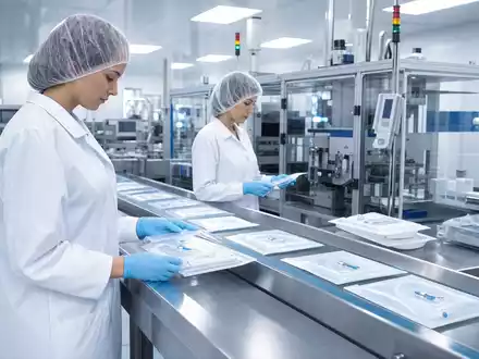 ConvaTec Group Plc GB00BD3VFW73 zeigt moderne Medizintechnik-Fertigung mit sterilen Produktionslinien und Reinraumtechnikern - Foto: THN