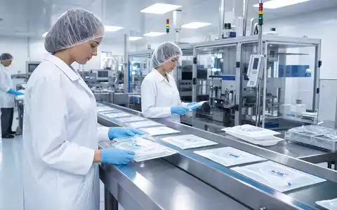 ConvaTec Group Plc GB00BD3VFW73 zeigt moderne Medizintechnik-Fertigung mit sterilen Produktionslinien und Reinraumtechnikern - Foto: THN