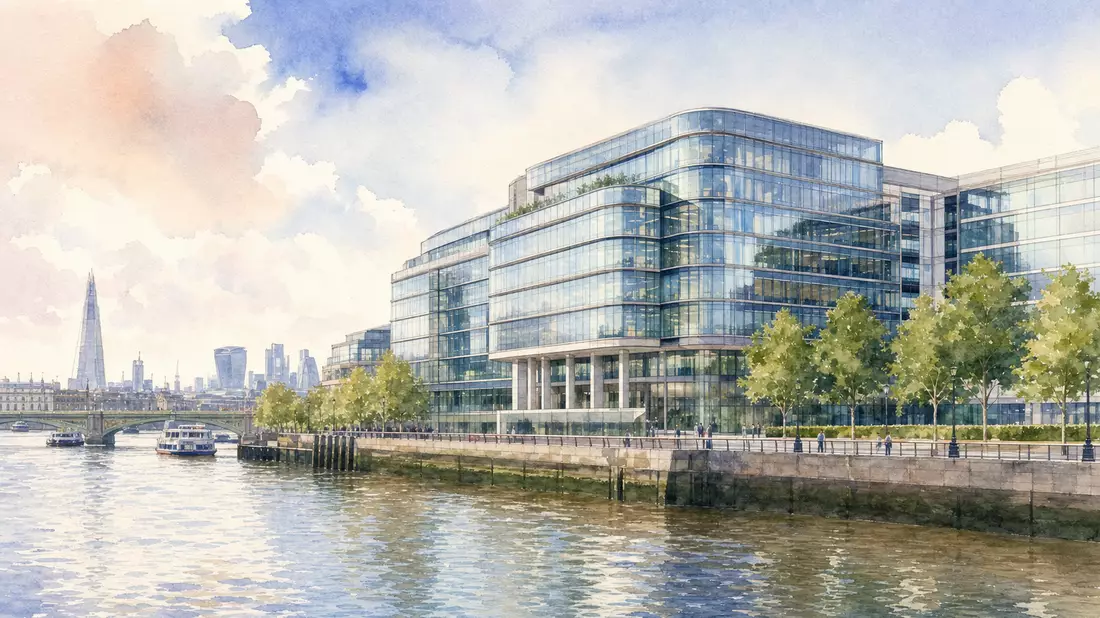 Aquarellillustration eines modernen Bürogebäudes am Flussufer in London