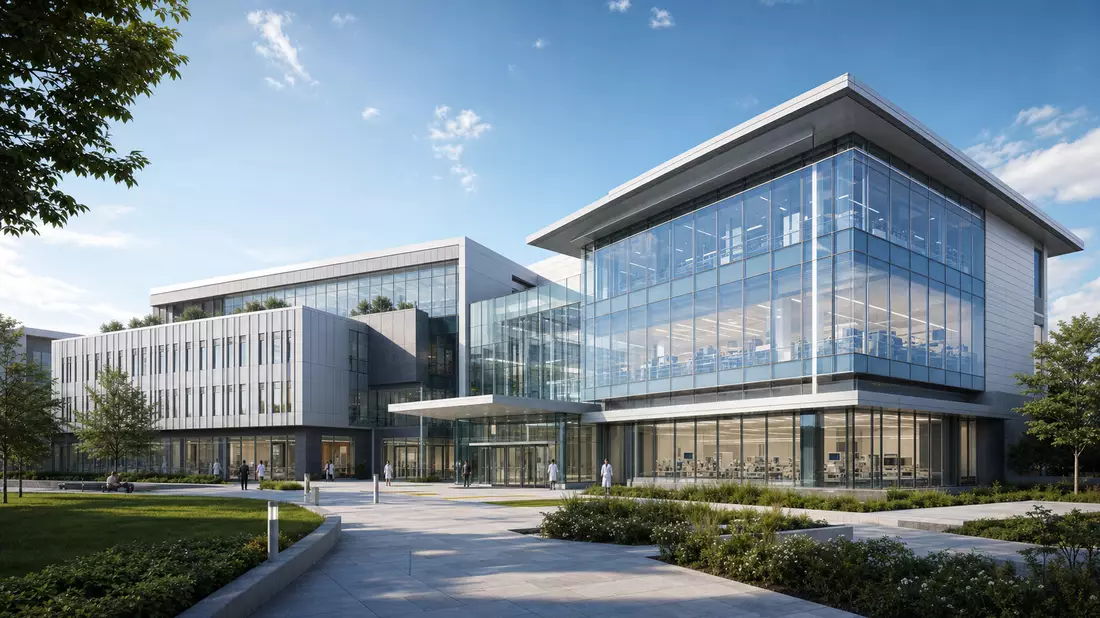 Architektur-Rendering eines modernen Forschungs- und Entwicklungsgebäudes mit Glasfassade