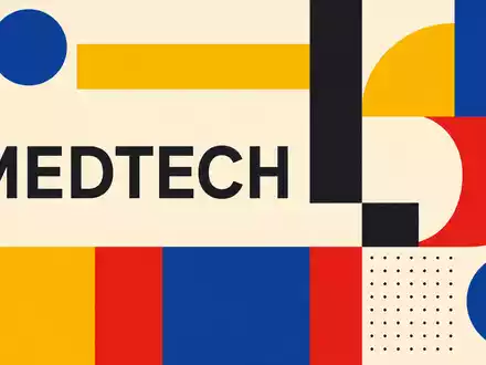 ConvaTec Group Plc GB00BD3VFW73 inspiriert geometrisches Bauhaus-Poster mit Sektor-Schriftzug MEDTECH in kräftigen Grundfarben - Foto: THN