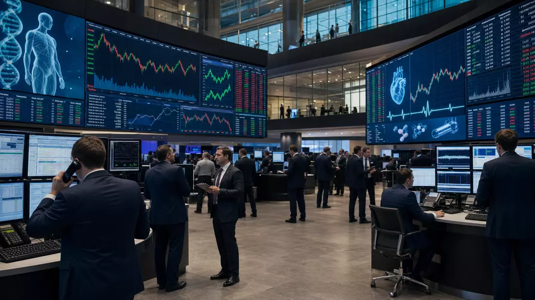 Editorialfoto vom Handelssaal der Londoner Börse mit Gesundheitssektor-Charts