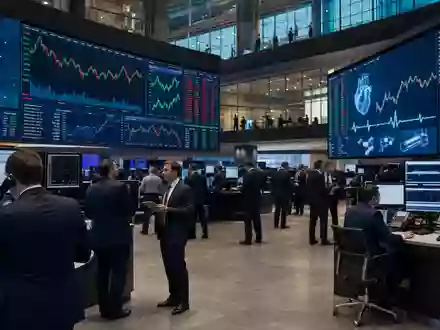 ConvaTec Group Plc GB00BD3VFW73 zeigt Börsen-Editorial vom Handelssaal der London Stock Exchange mit Gesundheitssektor-Charts - Foto: THN