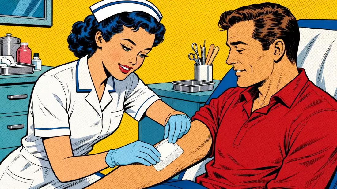 Pop-Art-Comic-Illustration einer Krankenschwester beim Anlegen einer Wundauflage