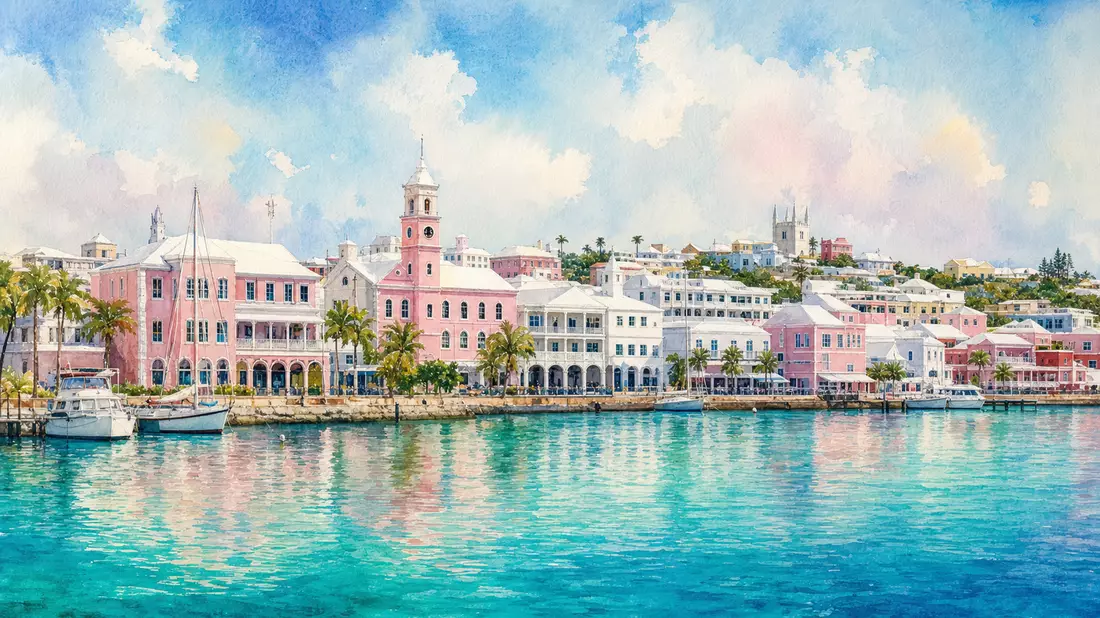Aquarell Hafenskyline Hamilton Bermuda pastellfarben