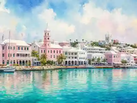 Lancashire Holdings Limited BMG5361W1047 zeigt die Hafenskyline von Hamilton Bermuda in zarter Aquarell-Malweise dargestellt - Foto: THN