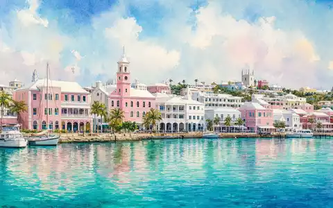 Lancashire Holdings Limited BMG5361W1047 zeigt die Hafenskyline von Hamilton Bermuda in zarter Aquarell-Malweise dargestellt - Foto: THN