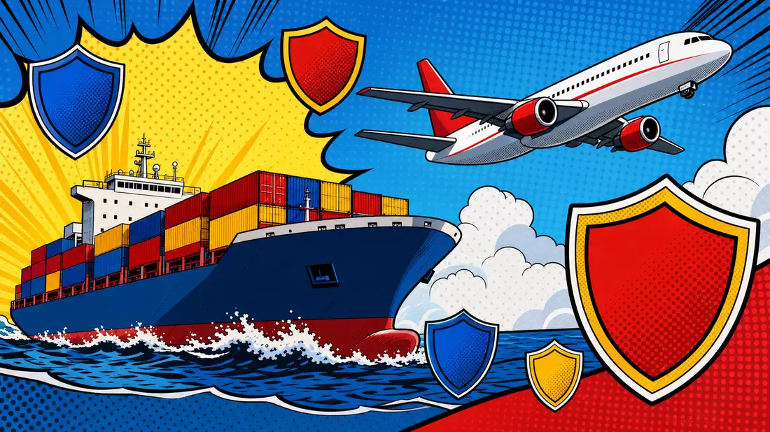 Pop-Art-Comic Frachtschiff Flugzeug Versicherungssymbole