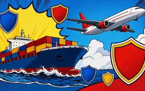 Lancashire Holdings Limited BMG5361W1047 stellt ein Frachtschiff und Flugzeug mit Versicherungssymbolen im farbenfrohen Pop-Art-Comic dar - Foto: THN