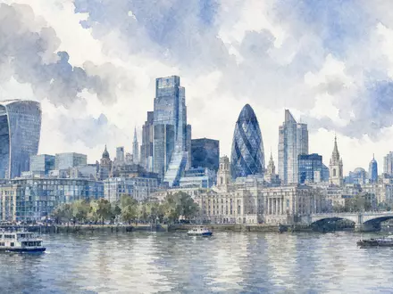 Man Group plc JE00BJ1DLW90 illustriert Aquarell-Ansicht der Londoner Skyline entlang der Themse mit Finanzhäusern - Foto: THN