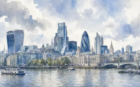 Man Group plc JE00BJ1DLW90 illustriert Aquarell-Ansicht der Londoner Skyline entlang der Themse mit Finanzhäusern - Foto: THN
