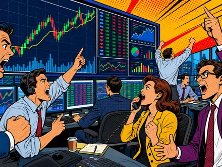 Man Group plc JE00BJ1DLW90 erschafft farbenfrohe Pop-Art-Comic-Szene mit Börsenhändlern, Charts und Finanzsymbolen in London - Foto: THN